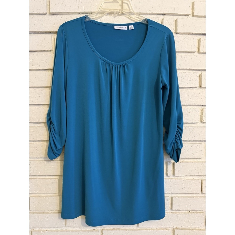 Susan Graver‎ Liquid Knit Green Tunic Shirt Top Ruched 3/4 Sleeves Green Sz XS